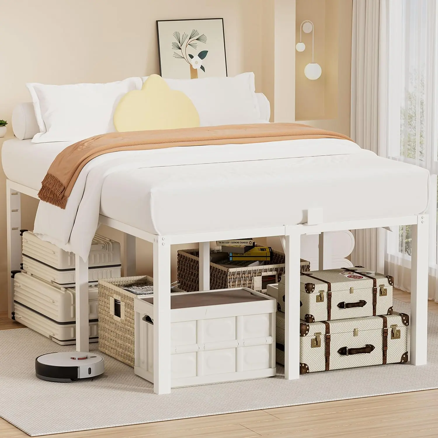 24 Inch Tall Metal Platform Bed Frame 3500 LBS Heavy Duty Full Size White, Customized