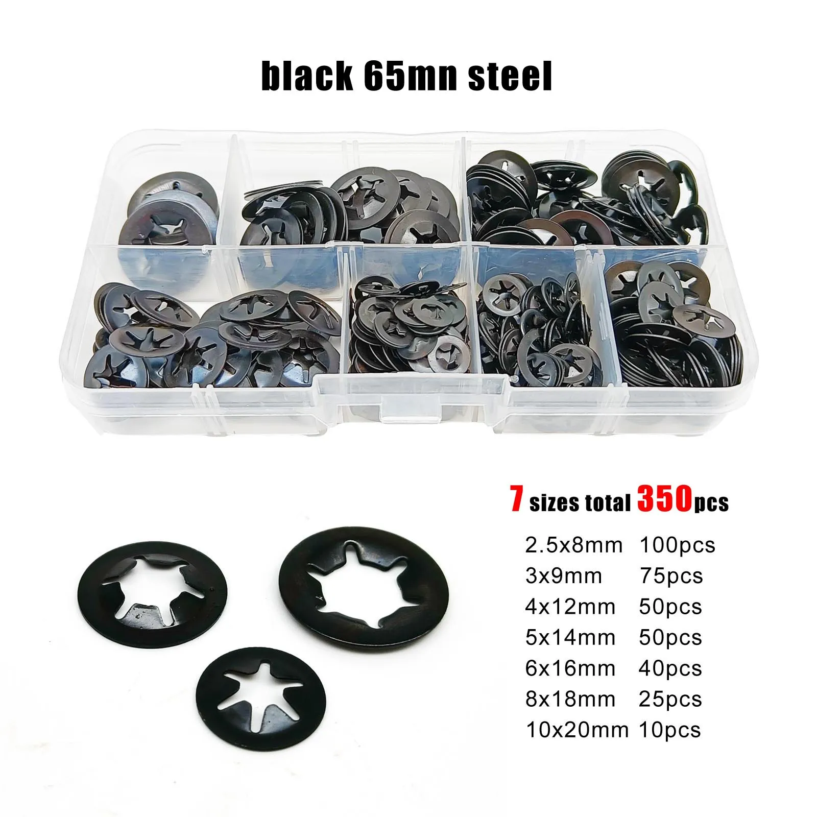 350pcs/box Mix M2.5-M10 External Circlip Self-Lock Retaining Clip Shaft Bearing Snap Ring Kit Set Black 65mn 304 Stainless Steel