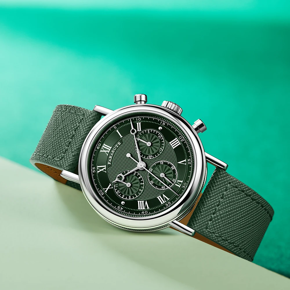 FARASUTE 男性自動腕時計レトロクロノグラフ機械式時計サファイアステンレス鋼 3 窓防水ピーコック 4801