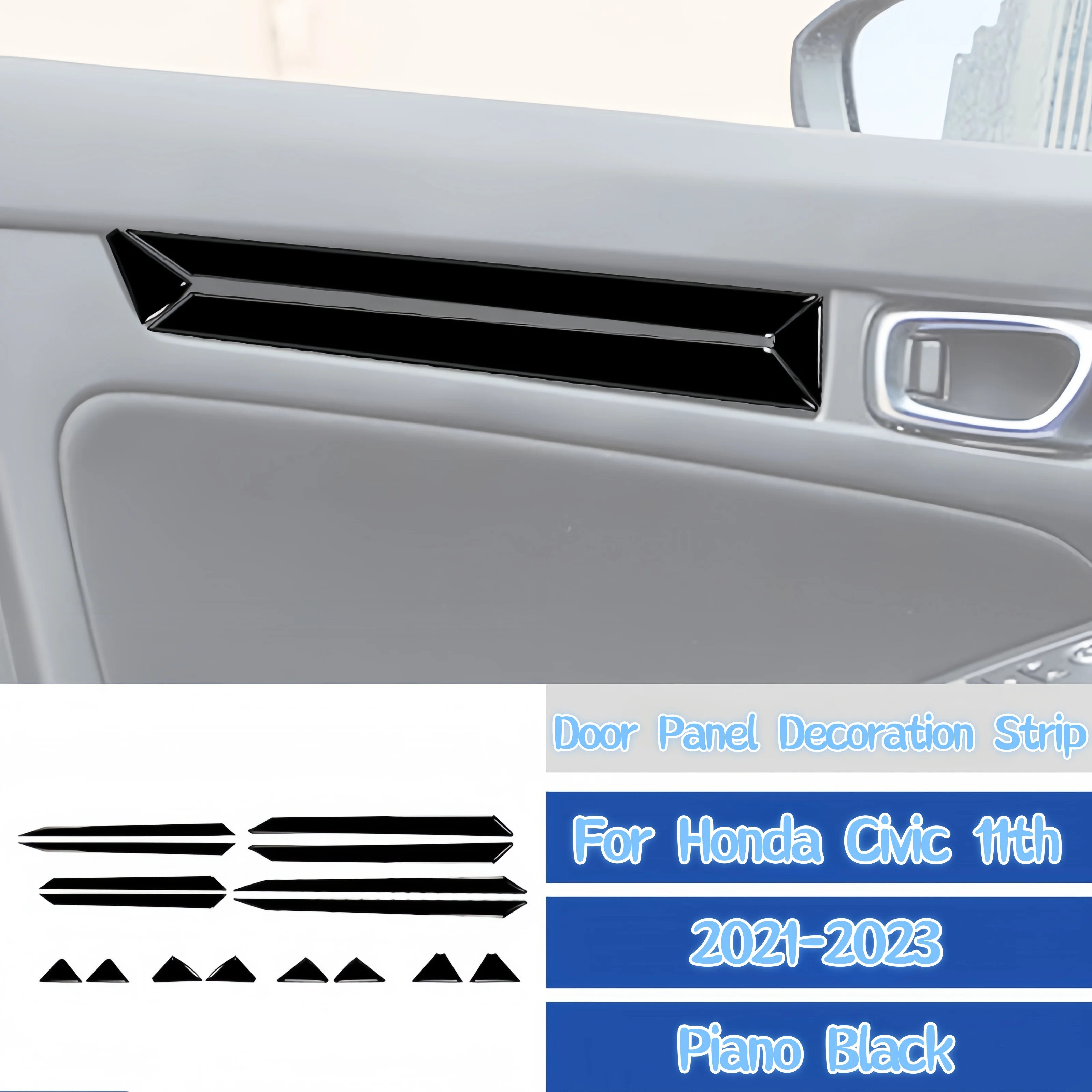 

Для Honda Civic 11-го поколения 2021 2022 2023, фортепианно-черный интерьер автомобиля, внутренняя дверная панель, декоративные полоски, наклейка, аксессуары