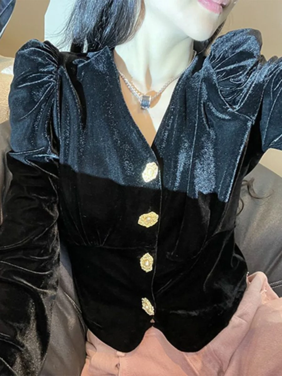 

Женская бархатная блузка с V-образным вырезом и длинным рукавом, модный дизайн, чувственный деловой повседневный топ из полиэфирного волокна Dr. Zhuo