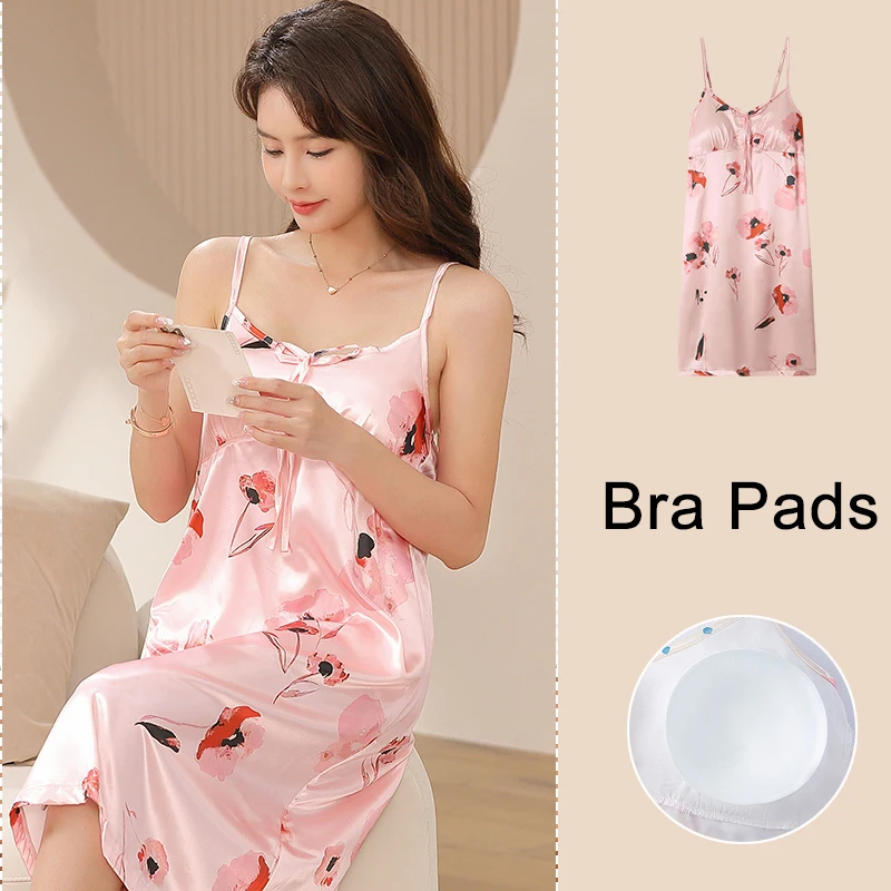 Women Pajamas Satin Silk Nightgown Floral Print Sleepwear Lingerie Sexy Spaghetti Strap Nightwear Girl Summer Homewear Dress