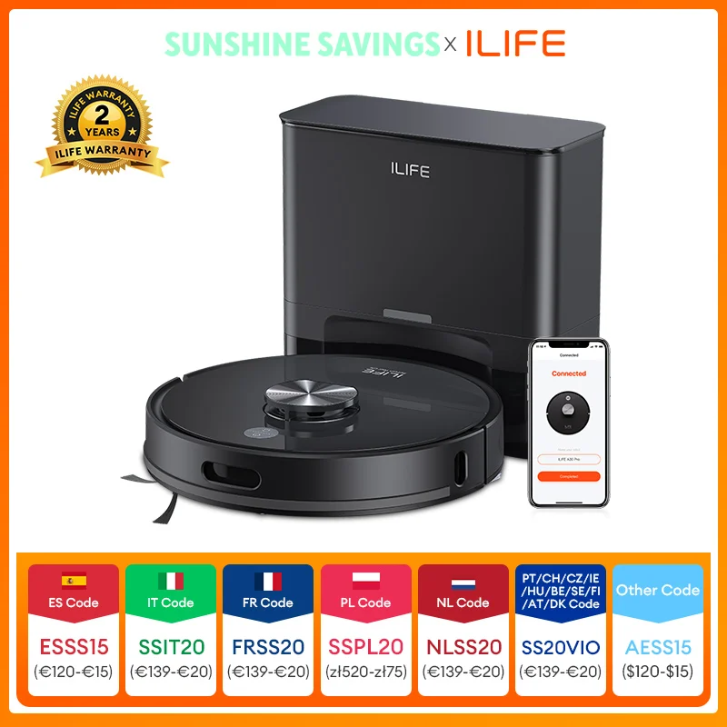Aspirateur robot ILIFE T20s Ultra avec station d'auto-vidage, aspiration de 10000 Pa, batterie de 4600 mAh, autonomie maximale de 300 minutes