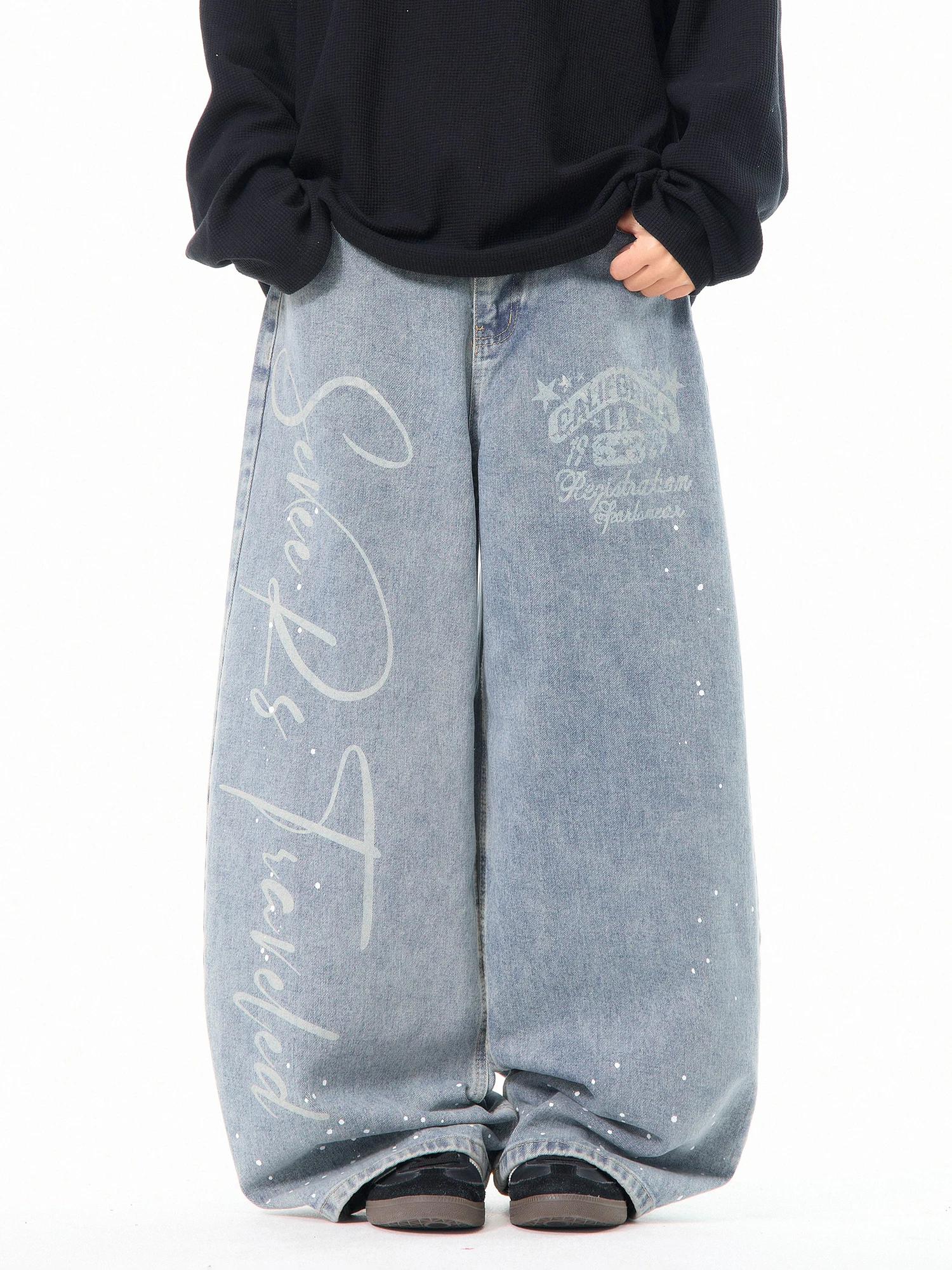 

Американские женские джинсы свободного кроя MKGO с эффектом потертости, повседневные, с буквенным принтом, широкие брюки с эффектом похудения