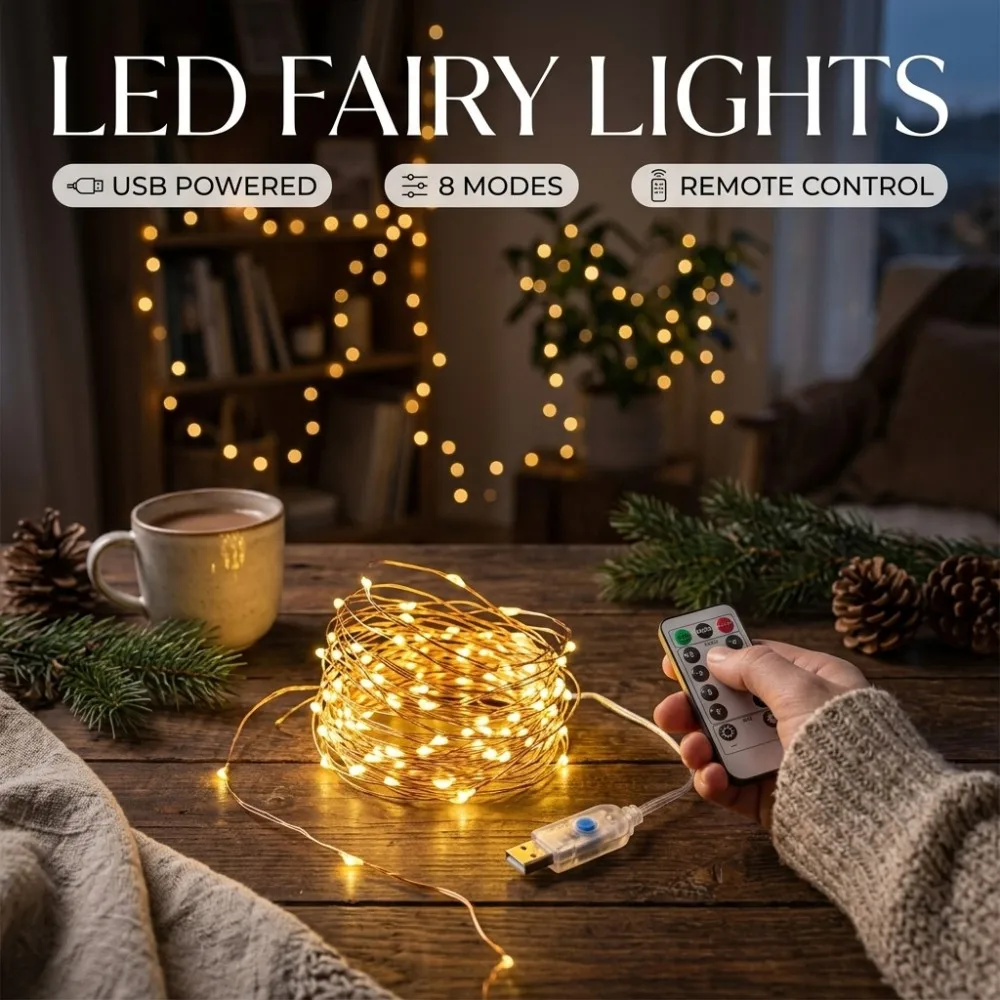 USB Copper Wire Lights 8 Modes Remote Control for Christmas Wedding Party Home Window Patio Garden Decor