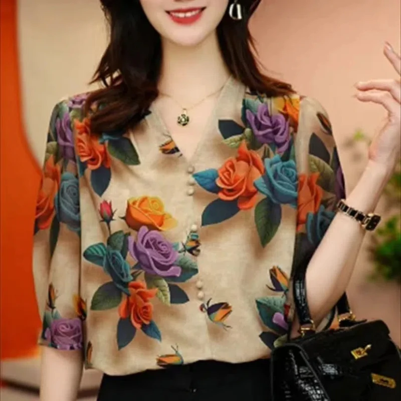 

Vintage Plus Size Printing Blouse Spring Summer New Half Sleeve Loose All-match Casual Shirt Tops Fashion Elegant Women Clothing