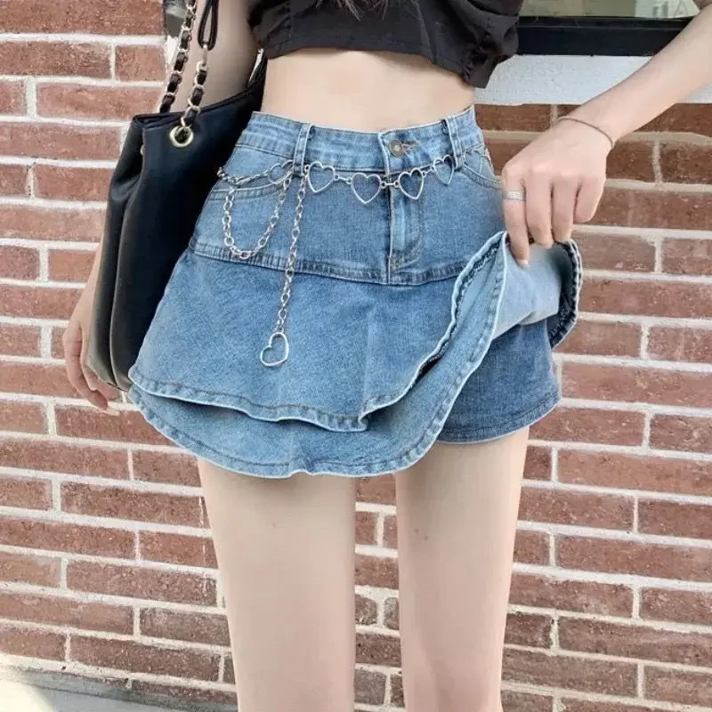 Denim Half-length Skirt Women Summer New cute Kawaii Ruffled Pleated Skirt E-girl High Waist Mini Skirt A-line Skirt Y2k Skirt