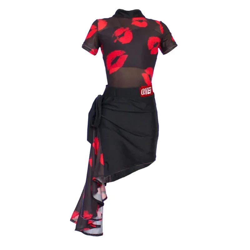 어린이 소녀 메쉬 스탠다드 프린트 백리스 라틴 댄스 의상 어린이 전문 탑 스커트 볼룸 룸바 트레이닝 댄스웨어