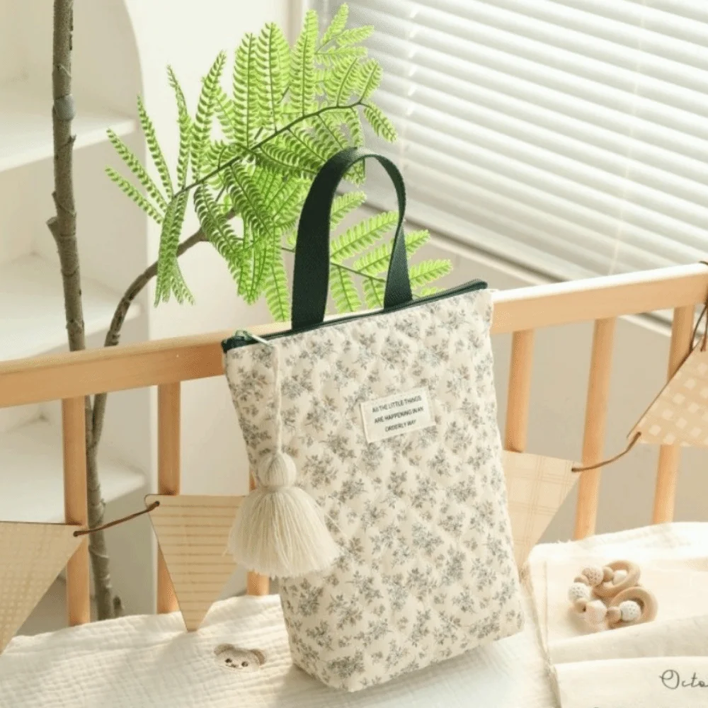Trendy Embroidered Mommy Bag Floral Print Portable Stroller Organizer Lightweight Multi-pocket Handbag Outdoor