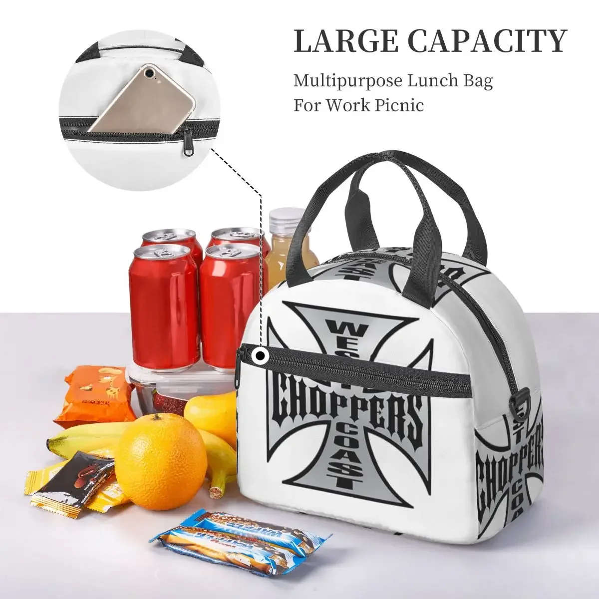 Personalized West Coast Iron Cross Choppers Insulated Lunch Bag for Women Kids Portable Food Boxes Thermal Lunch Box Tote