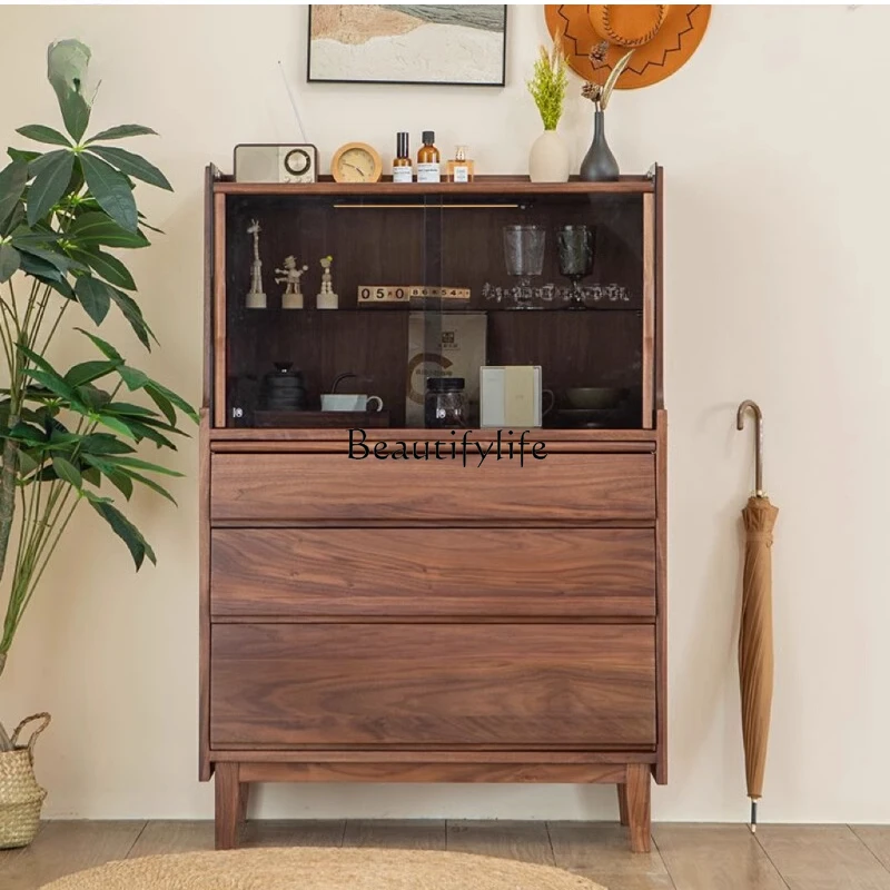

North American black walnut solid wood bedroom chest cabinet integrated glass locker