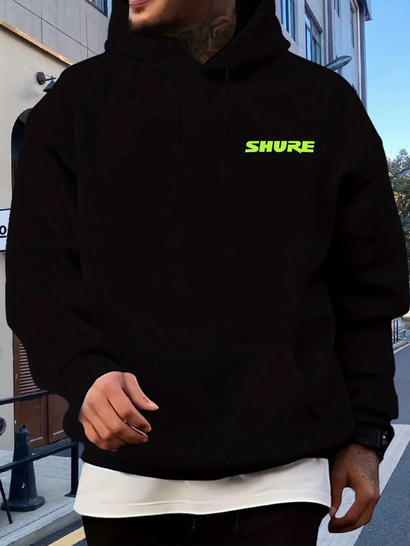 

Мужская черная неоново-зеленая толстовка SHURE — свободный полиэстер, который можно стирать в машине, всесезонная, повседневная/официальная