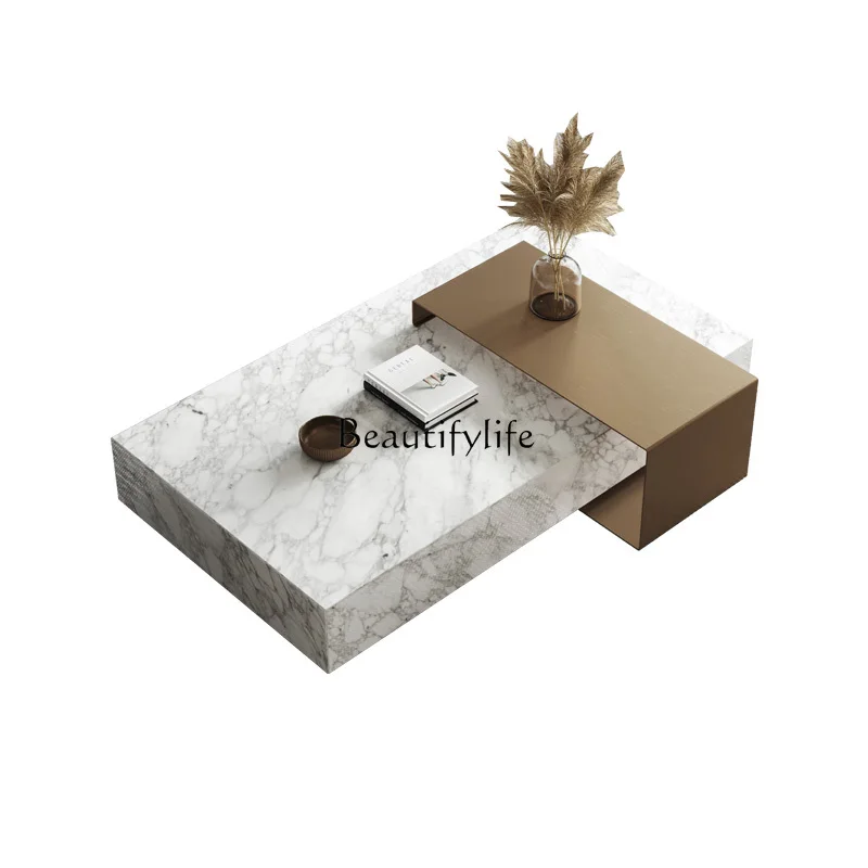 

Italian Minimalist Natural Bianco Carrara Venato Marble Coffee Table Modern Minimalist High-End