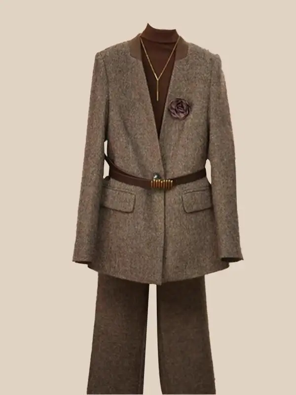 

Женский винтажный костюм кофейного цвета больших размеров: модный простой топ в европейском стиле, новинка весенней коллекции, элегантный и стильный.