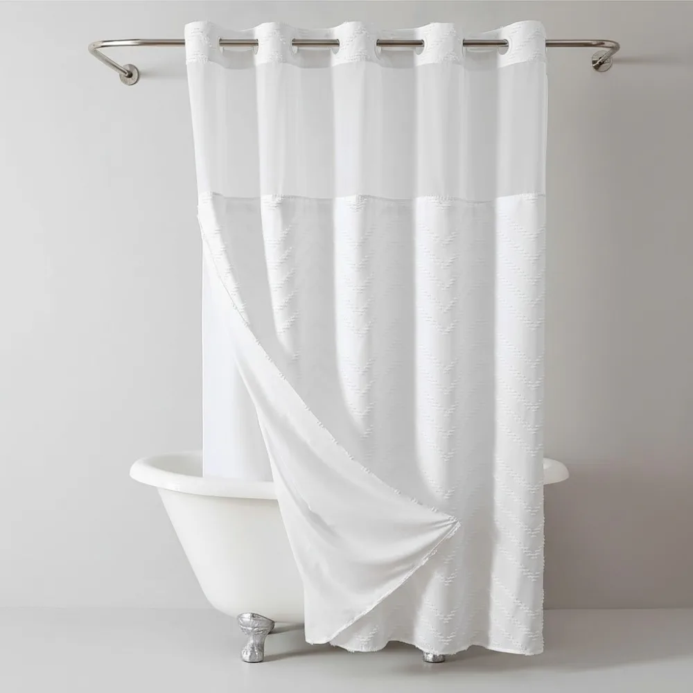 

Extra Long Tufted Chevron Striped Shower Curtain with Snap-in Liner, Water Repellent Boho Style for Hotel Bathroom