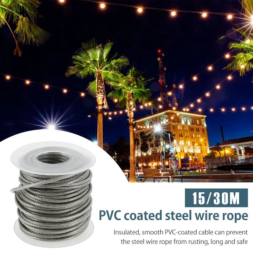 15M/30M Stainless Steel Cable Railing Kit PVC Coated Rust-proof Wire Cable Rope Heavy Duty Garden Wire Cable Fence Tent Roll Kit
