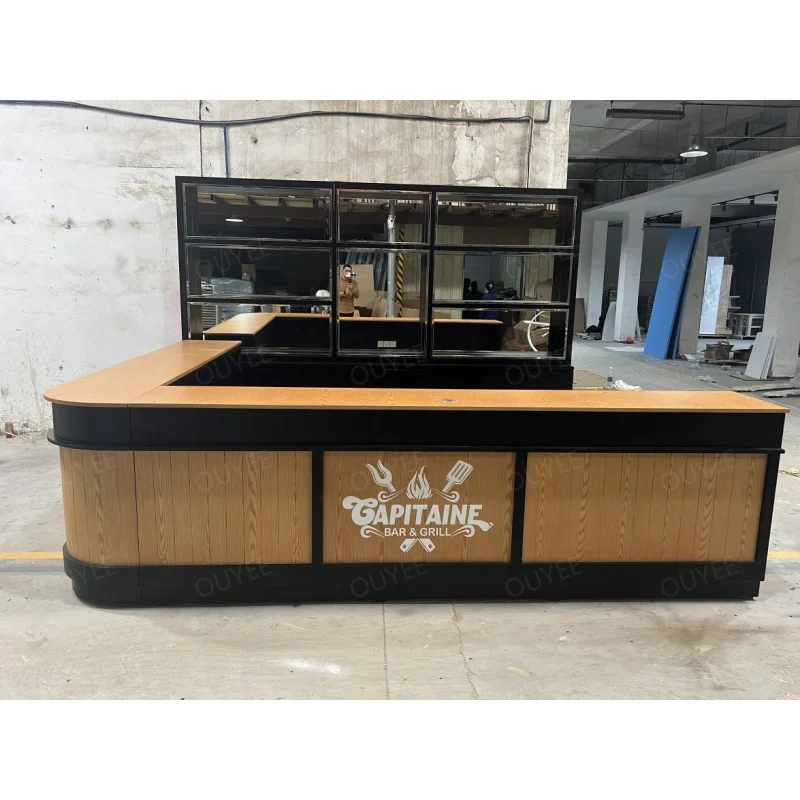 Customized-Customize Wooden Style Lounge Furniture Design Custom Logo Led Table Night Club Wine Bar Counter With Led Wine Shelve