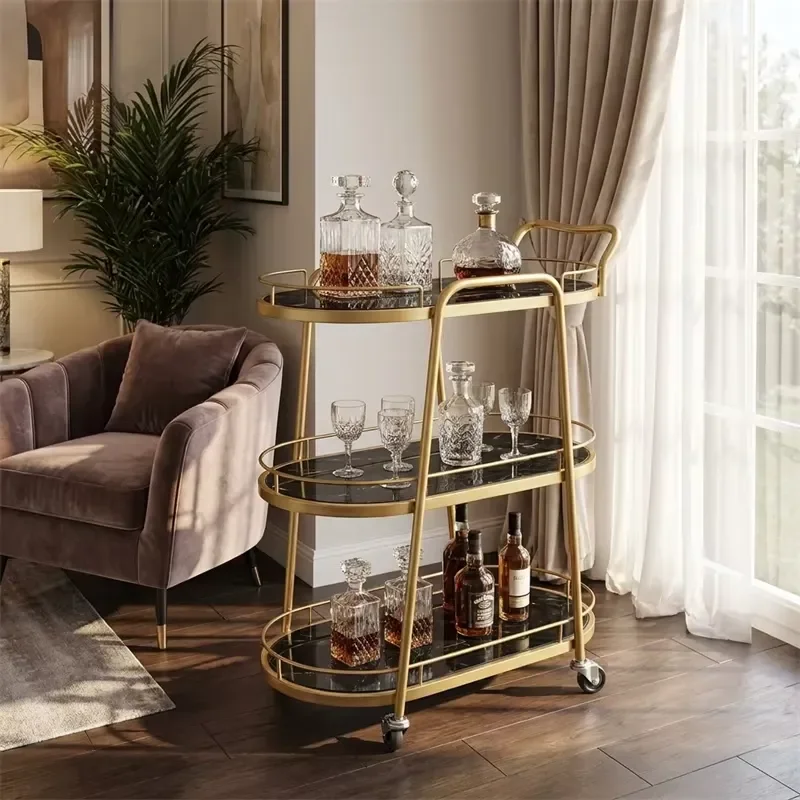 European Style Iron Kitchen Trolley for Restaurant Tea Cart with Mobile Wheels for Home Salon Luxury Wine Service Utility