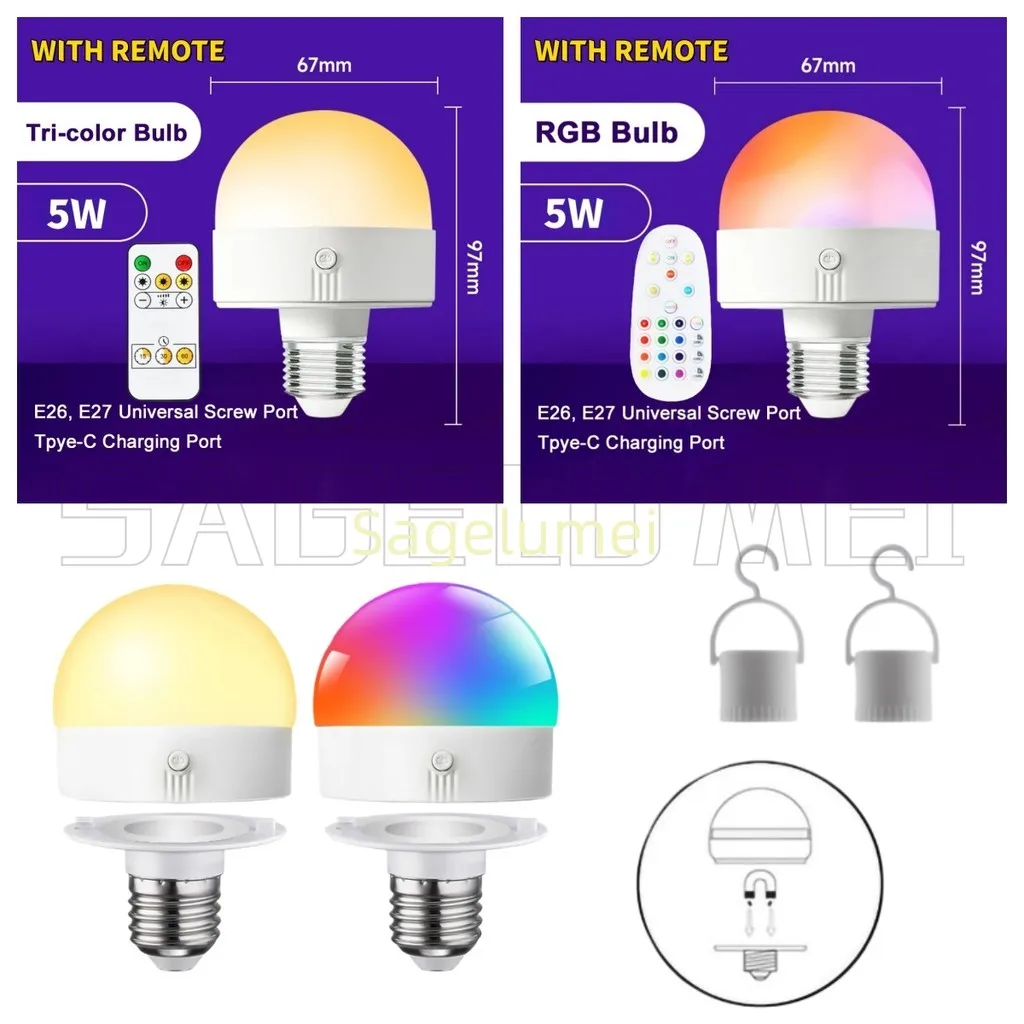 5W Smart Remote Control RGB Bulb USB Charging Dimmable For Bedroom Living Room Bar KTV Room LED Lighting Fixtures with Remote