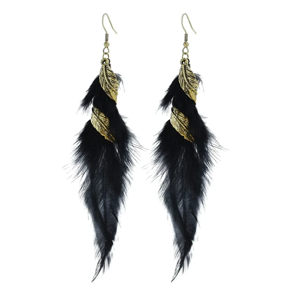 6-color Bohemian Long Feather Earrings Women Fashion Elegant Retro Leaf Feather Hangling Earrings Vacation Accessories