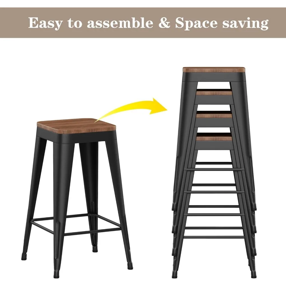 Juego de 4 taburetes de bar modernos industriales de metal blanco con tapas de madera para isla de cocina y asientos de cafetería con altura de mostrador