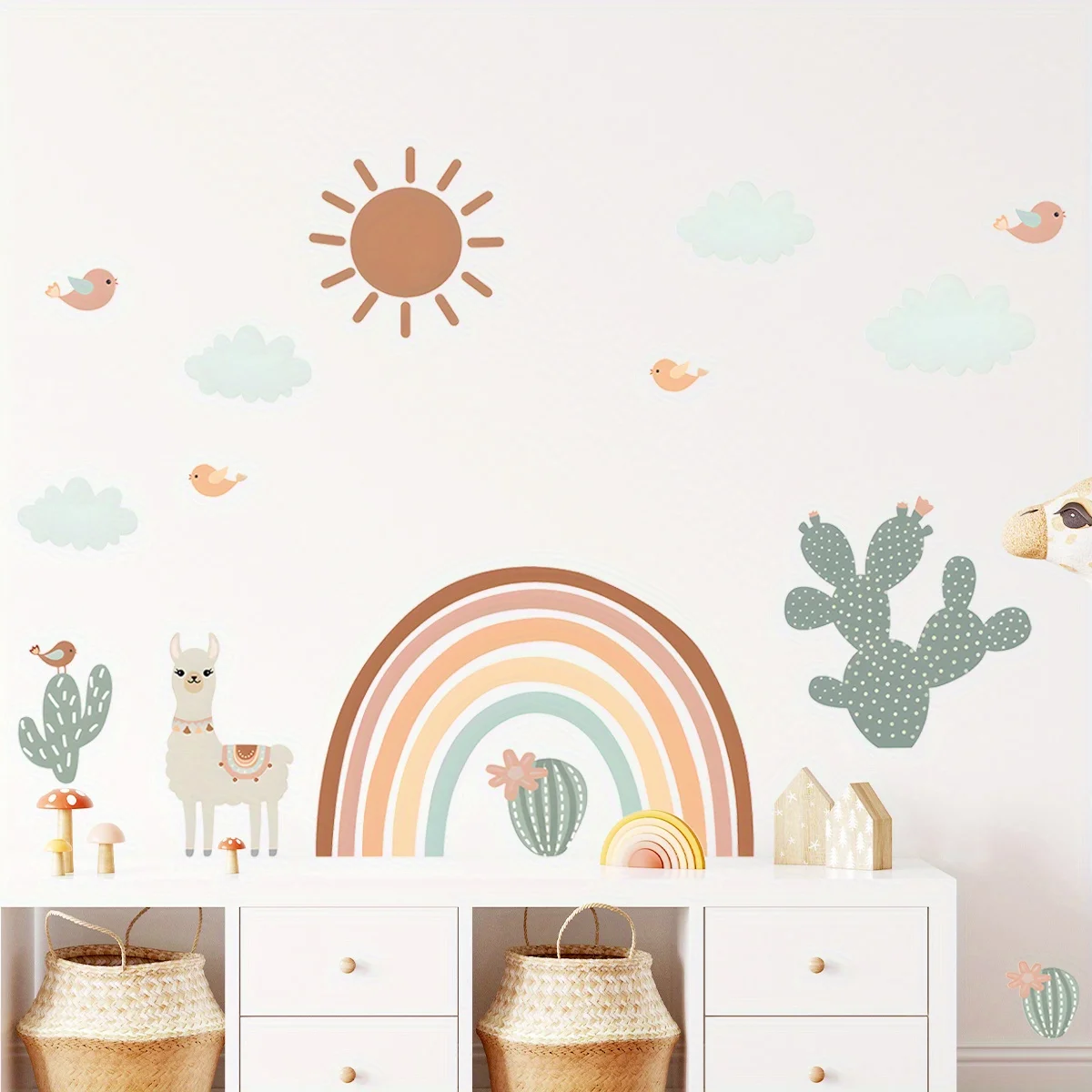 Pegatinas de pared de sol y Cactus de arcoíris de oveja bonita de dibujos animados, extraíbles para dormitorio, sala de estar, decoración de