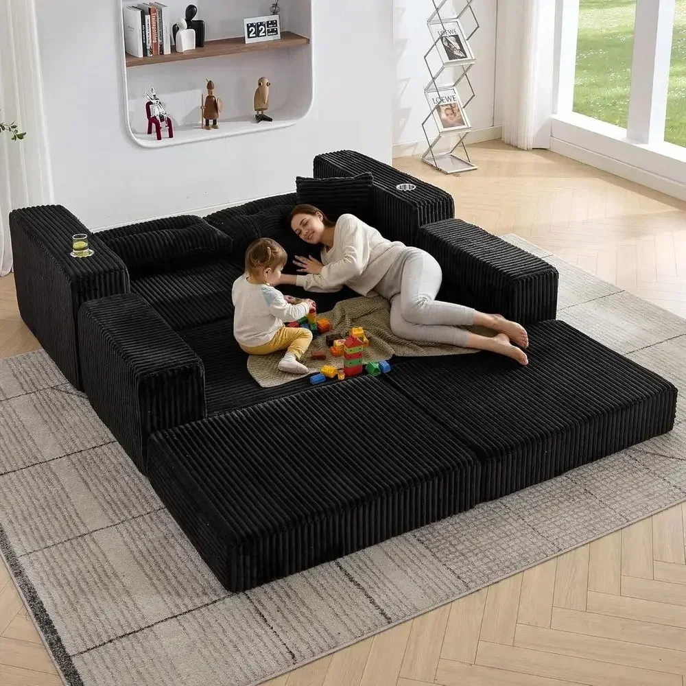 Loveseat with Ottoman, Plush Corduroy Sectional Sofa Couch, Deep Seating, Convertible Sleeper Sofa Bed, Living Room, Ready to Us