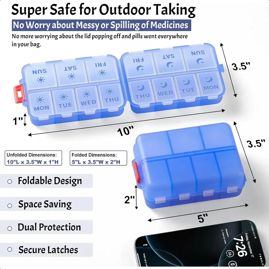 New Foldable Double Protection Portable Weekly Pill Organizer 2 Times A Day with Etched Labels AM PM 7 Day Week Medicine Box Da