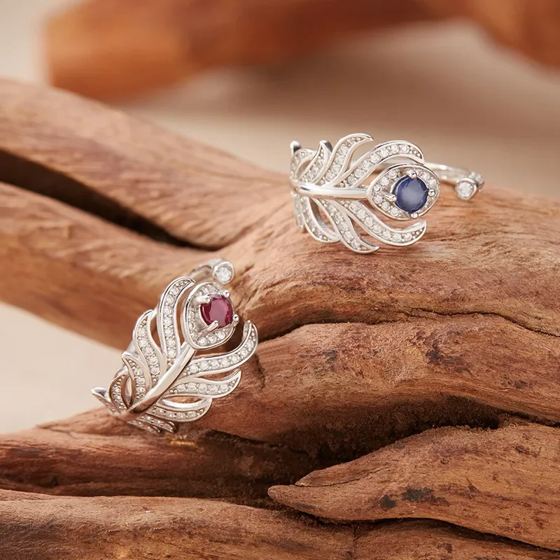 Feather Design Natural Ruby Sapphire Ring Women's S925 Silver Treasure Jewelry Live New Cross-border Wholesale