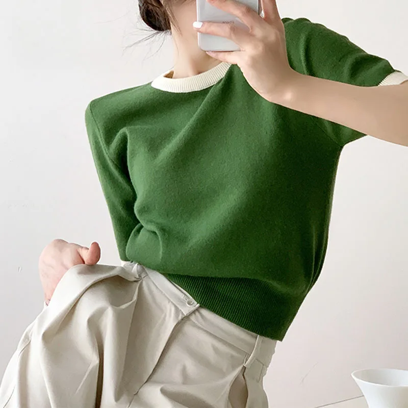 

Women Clothing Knitted Sweater Women Pullovers New Short Sleeve Patchwork Knit Sweater Pullover Women Tops O-Neck Sweaters Q3377