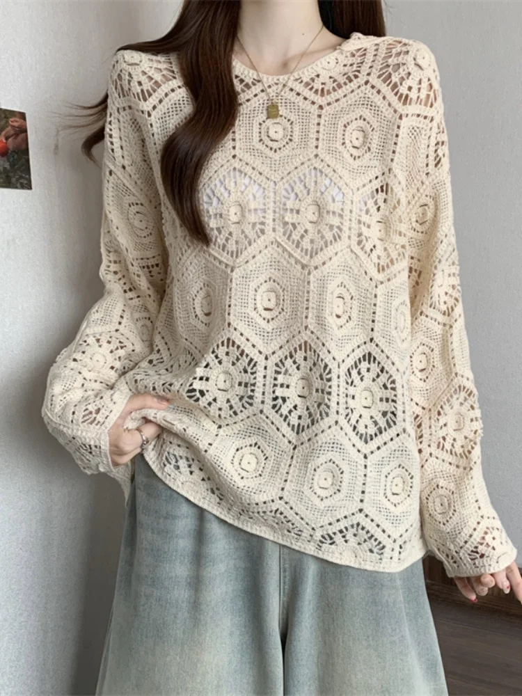 SMTHMA 한국 스타일 디자인 여성용 후드 레이스 탑 가을 게으른 느슨한 자외선 차단 긴팔 탑