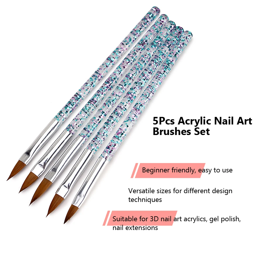 Set di strumenti per pennelli per nail art, manico in cristallo, gel UV acrilico, pittura con disegno glitterato, penne per fiori da intaglio, 5 pezzi