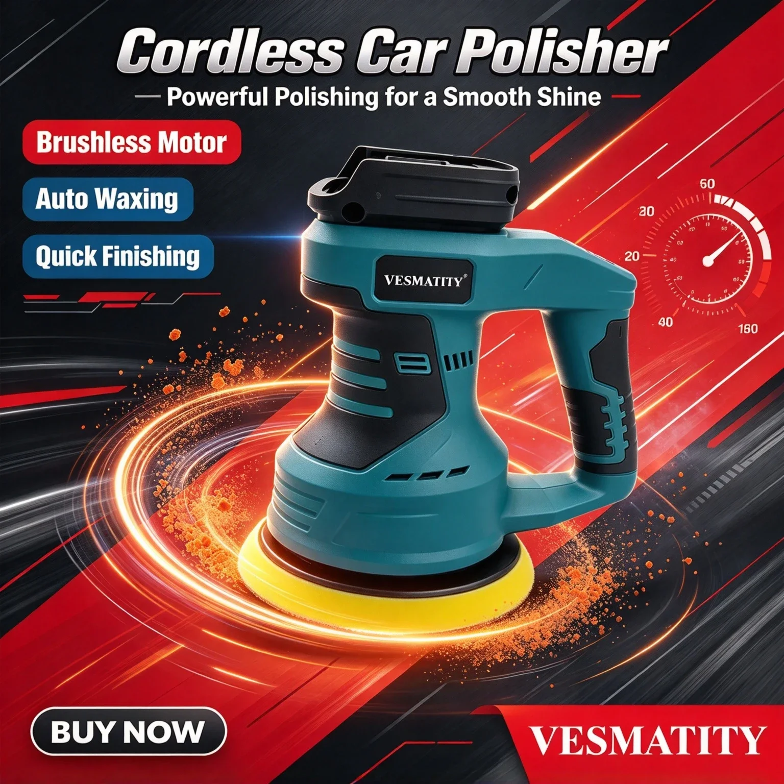 Vesmatity Cordless Electric Car Polisher Adjustable Speed Auto Waxing Sealing Glaze Tool Rechargeable 18V-20V Battery Plus