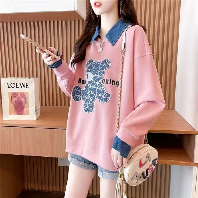 Women Clothing Patchwork Fake Two-piece Hoodies Spring Autumn New Long Sleeve Printing Loose Youth Casual Tops Fashion Korean