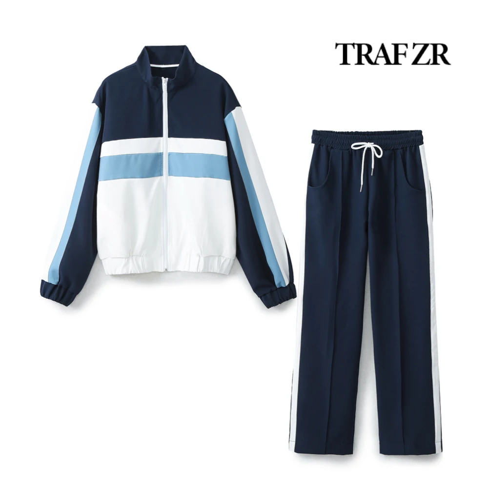 TRAF ZR Women\'s Tracksuit Ladies Two Piece SportsPants Set Long Sleeve Patchwork Jacket + Elastic Drawstring Waistband Pants