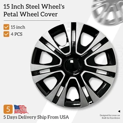 15 inch Petal Style Hubcaps Black & Silver Wheel Covers for Cars Set of 4 Fits Honda Volkswagen, Chevy, Mazda,Dodge Hub Caps