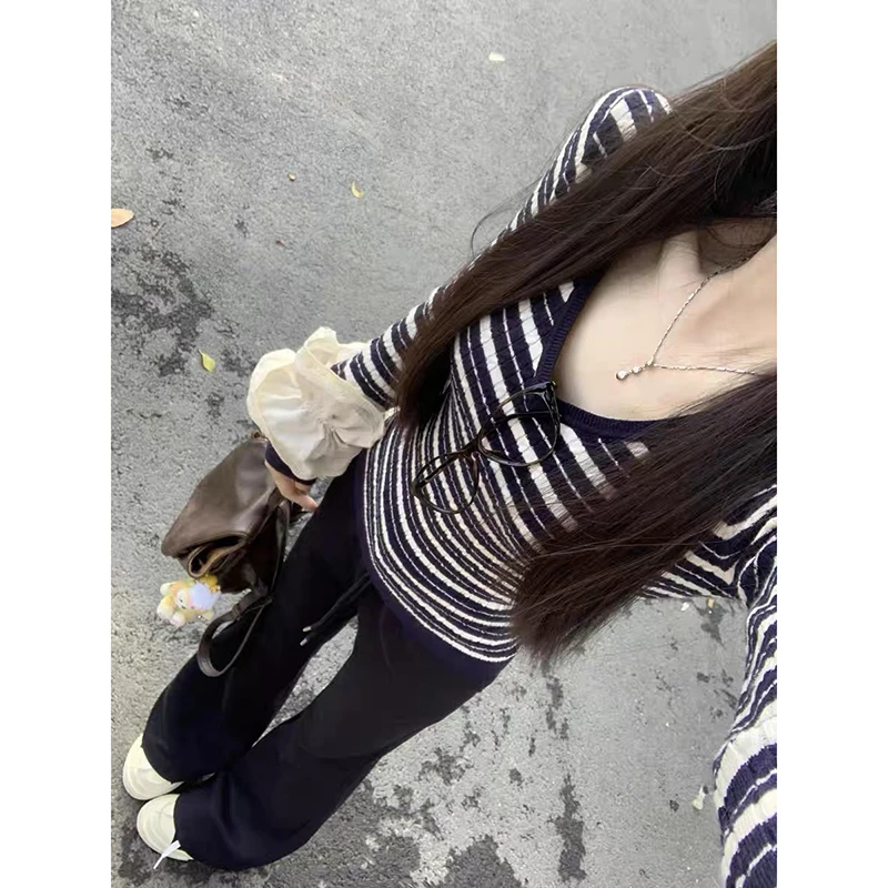 YIBASHU Women Blue Striped Pullover V-Neck Sweater Vintage 2000s Jumper Knit Long Sleeves Cashmere Sweater Women Autumn Winter