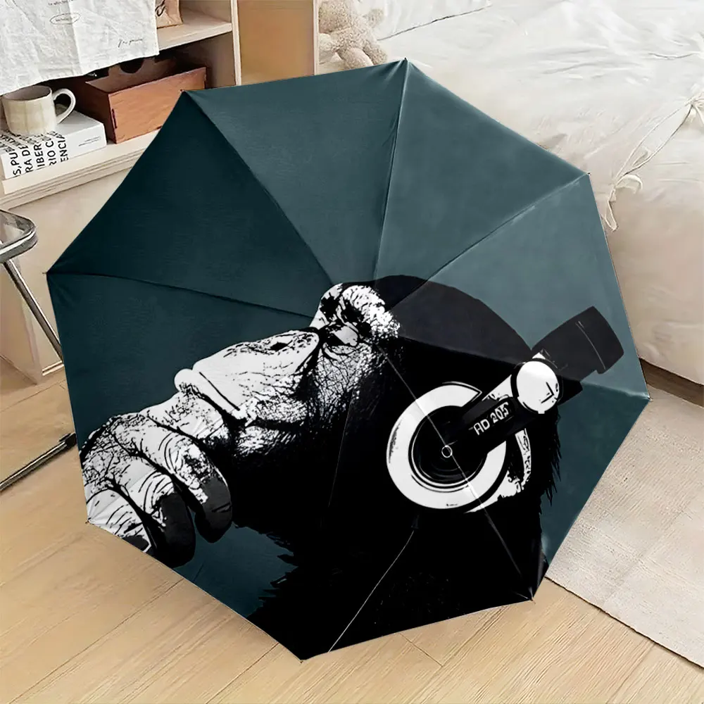 1PC Monkey Design Umbrella with Headphones Graphic Print 8 Iron Ribs Folding Umbrella Auto-Open Fashion Sunshade