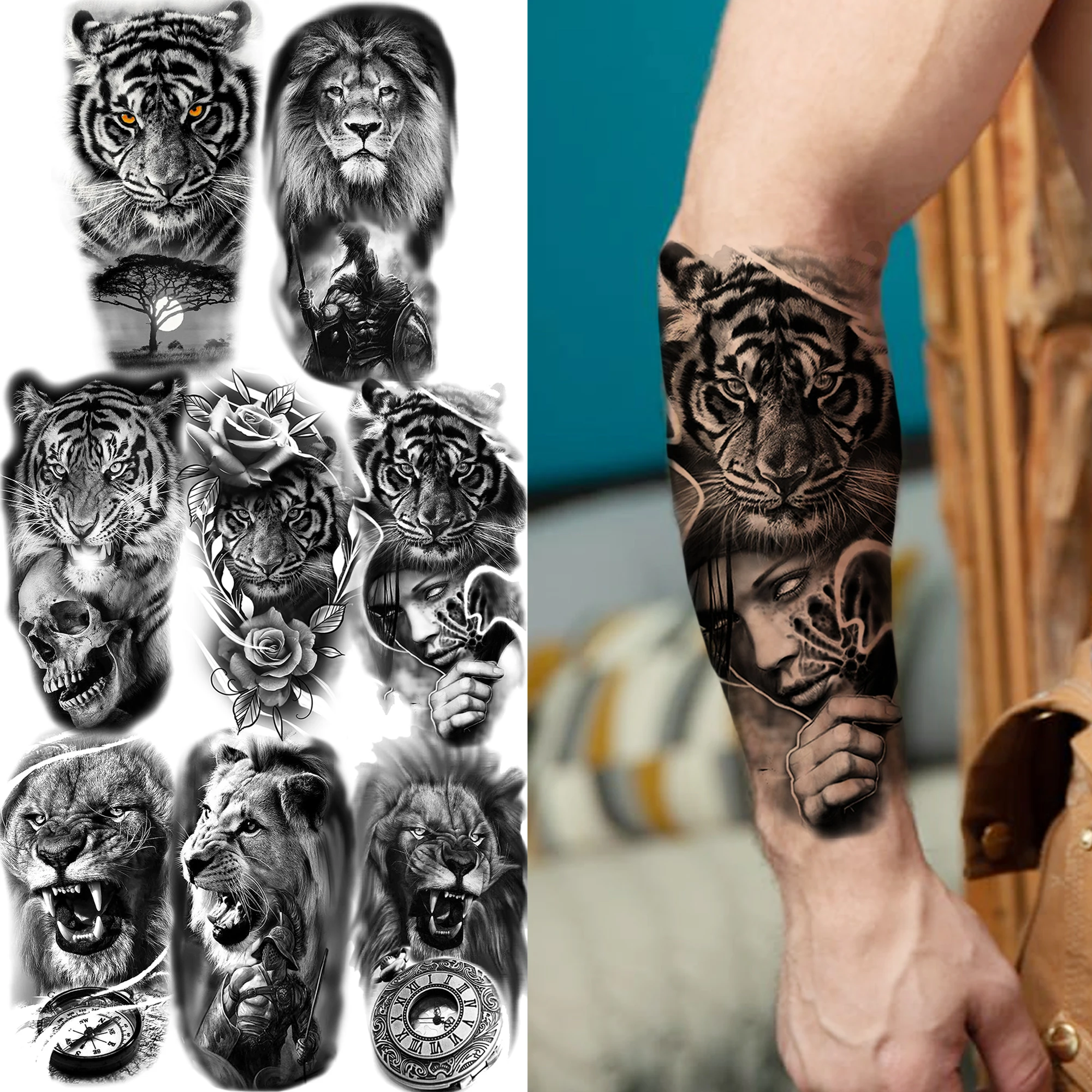 1 ورقة واقعية وهمية النمر الأسد الوشم المؤقت للنساء الرجال الكبار الجسم الساعد الذراع الساق الوشم ملصق ديكور مقاوم للماء #1
