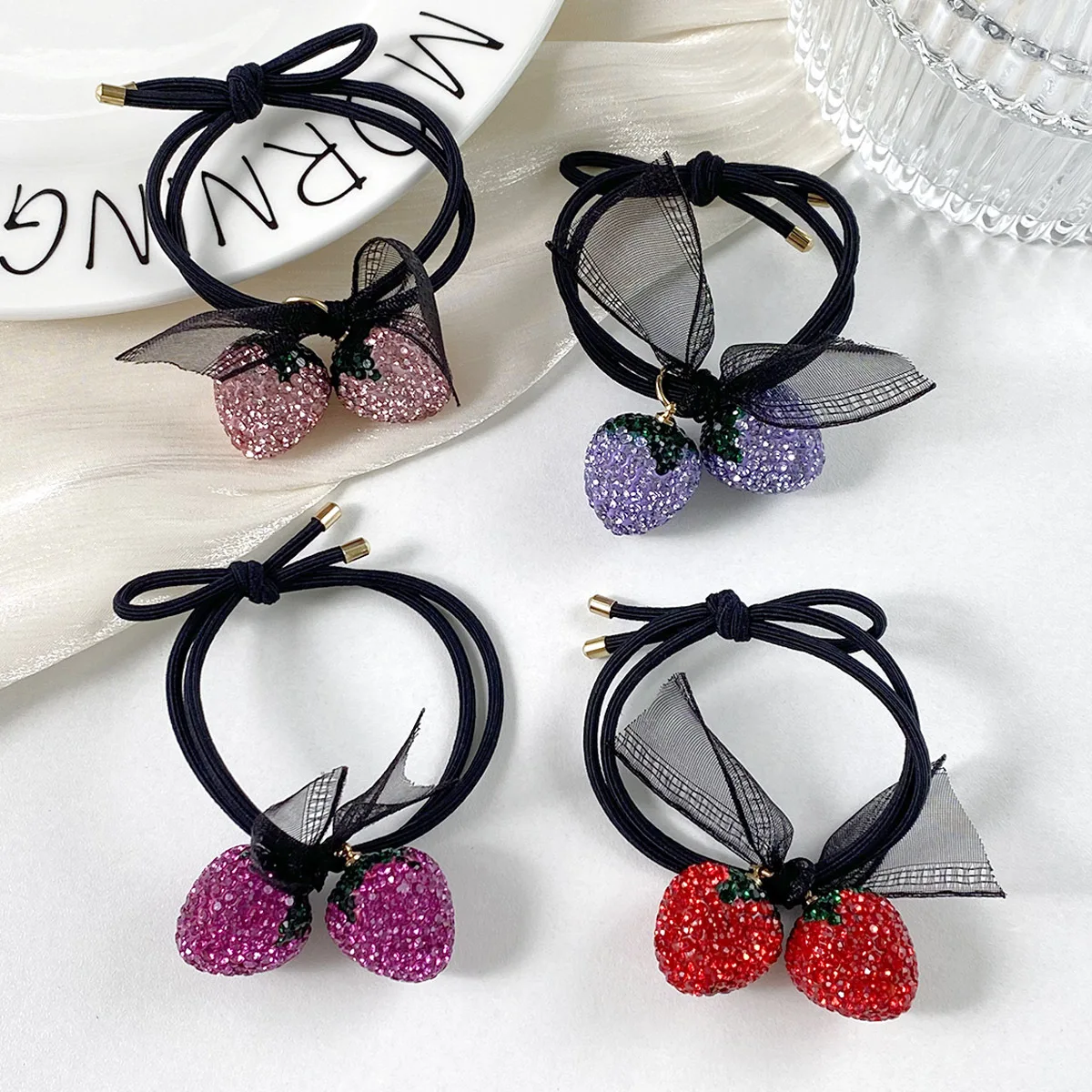 Elastic Hair Ties with Strawberry Rhinestone, Versatile and Delicate