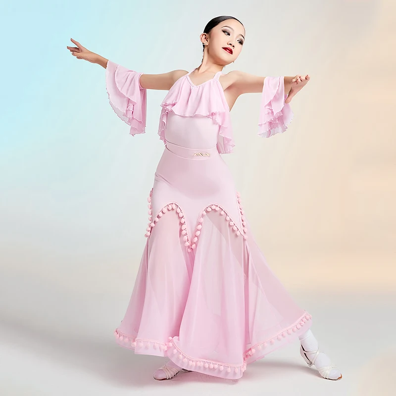 소녀를위한 핑크 표준 댄스 복장 경쟁 공연 착용 현대 볼룸 댄스 복장 홀터넥 바디 슈트 스커트 세트 AMY3158