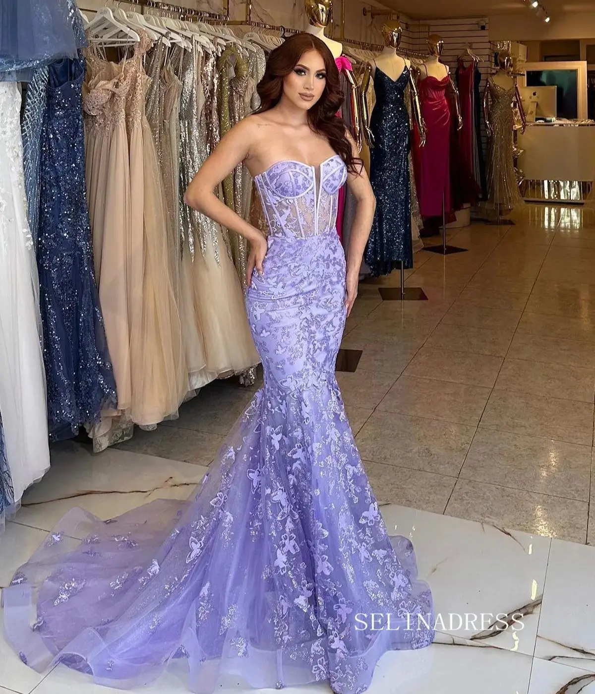 

Glamorous Lavender Prom Dresses Lace Sleeveless Mermaid Evening Dresses Sexy Floor Length Women Customized Wedding Guest Gowns