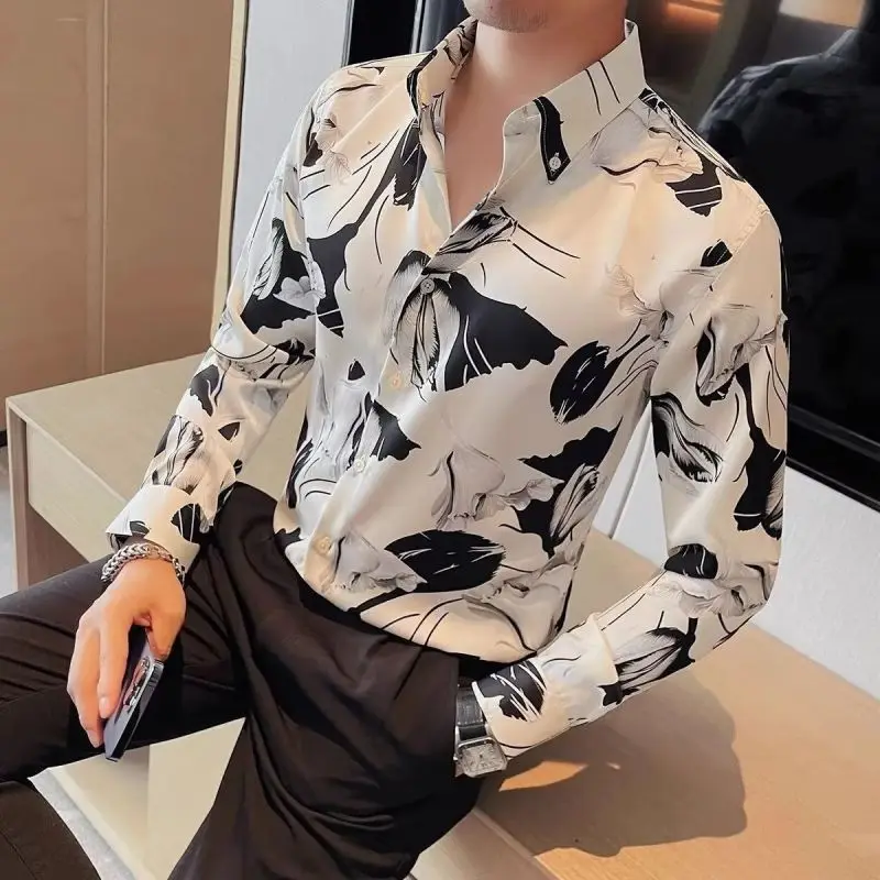 2024 New Summer Loose Casual Handsome Men's Shirt Elegant Fashion Retro Polyester Button Print Lapels Long Sleeve Y2K Chic Tops