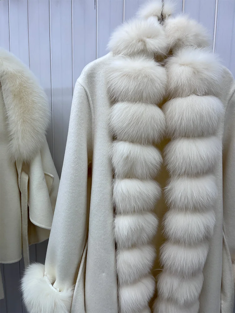 새로운 패션 겨울 울 재킷 여성용 천연 리얼 폭스 퍼 칼라 두꺼운 따뜻한 울 롱 코트 벨트 럭셔리 스트리트웨어 아우터