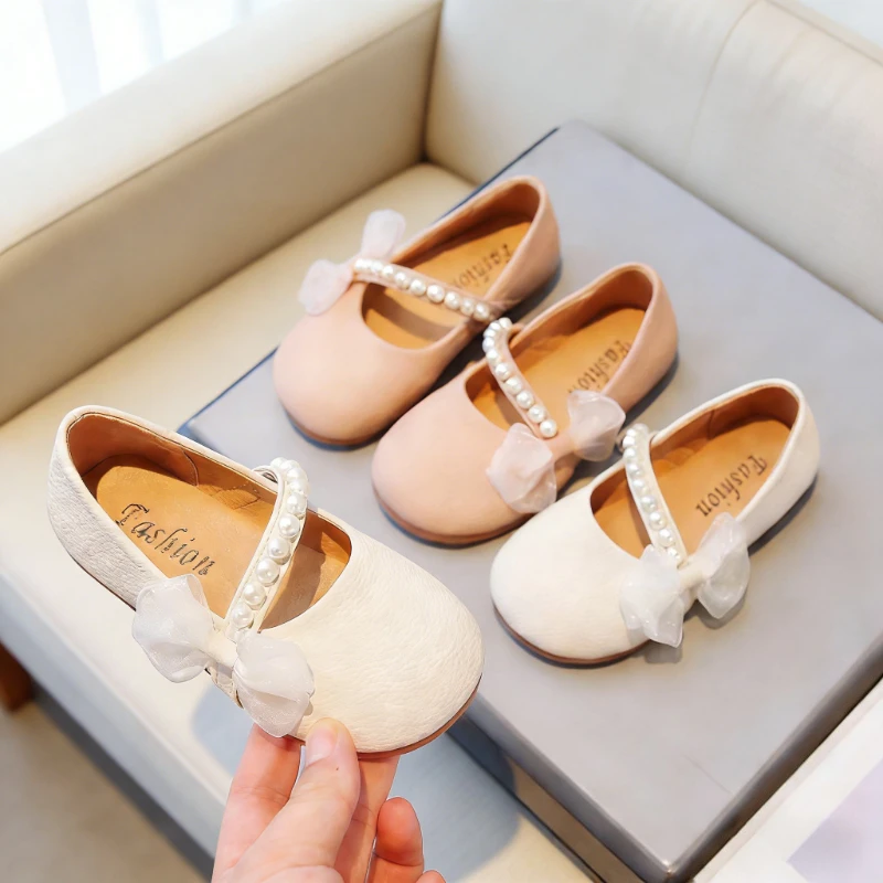 

2026 Hot Sale Girls Pearl Bow Leather Shoes Kids Mary Jane Flats for Wedding Party Princess Elegant Children Fashion Dress Shoes