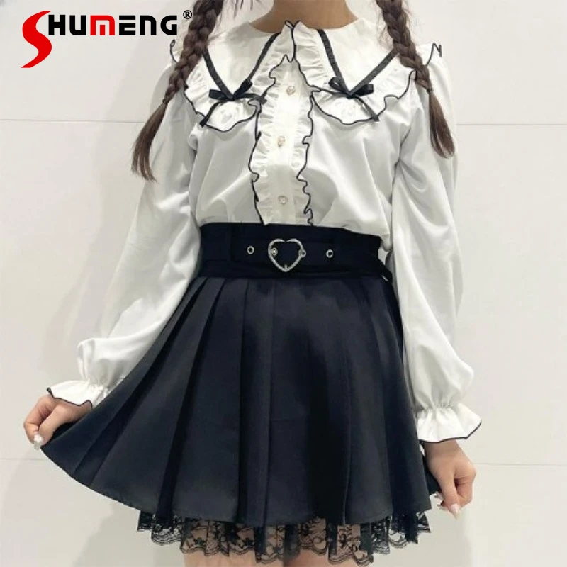 

Japanese Rojita New Mine Series Mass Production Sailor Collar Bow Ruffled Sweet Cute Long Sleeve Shirt Women's Clothing Blouse