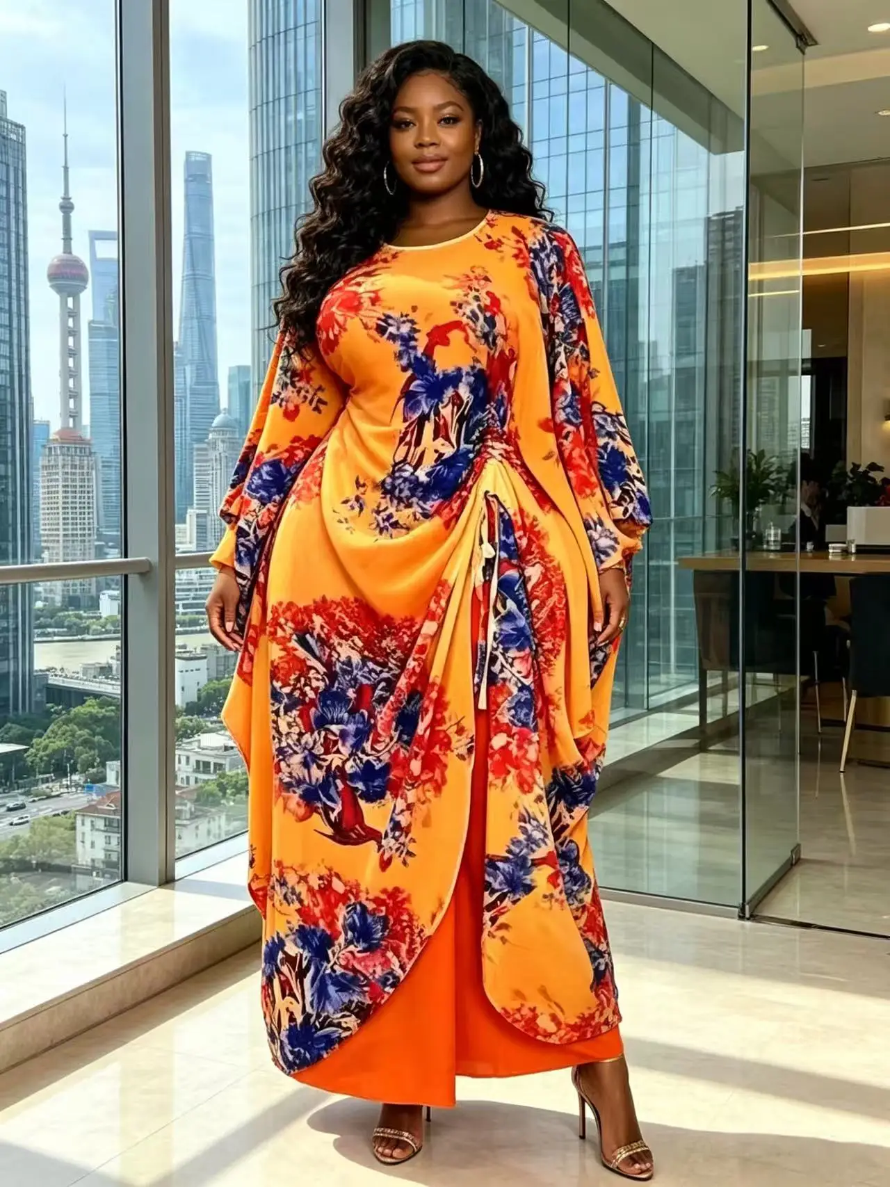2026 Miyake Pleated Bat Sleeve Print Irregular Loose Suit Drawstring Fashion Wide-leg Pants Two-piece Set Women's Clothing