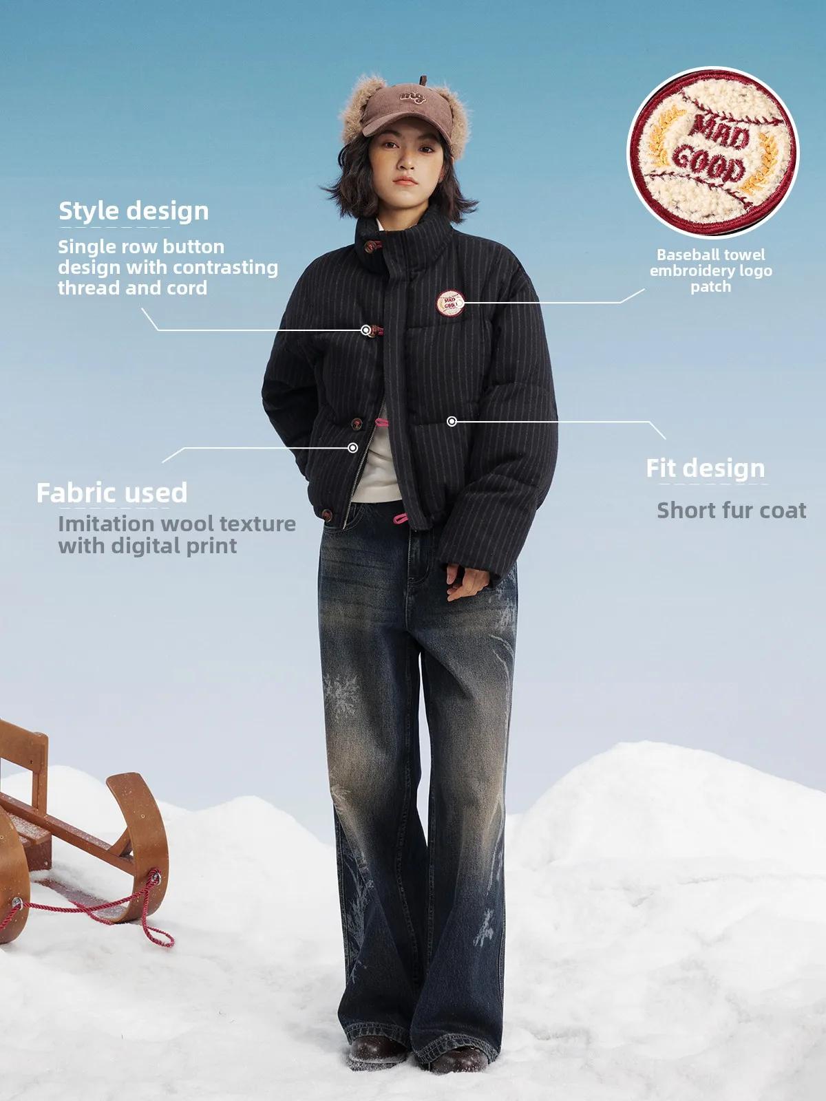 

Maood 90 White Du down Thiened Woolen Stripe Zipper Ne Women's Puffer Jaet Commute Sle Loose Fit Long Sve Coat