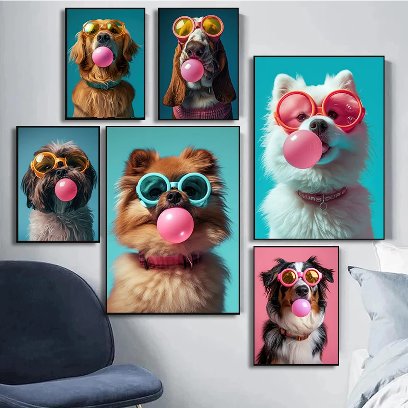 Dog Colorful Bubblegum Sunglasses Poster Prints Samoyed French Bulldog Corgi Canvas Painting Wall Art Picture Room Home Decor