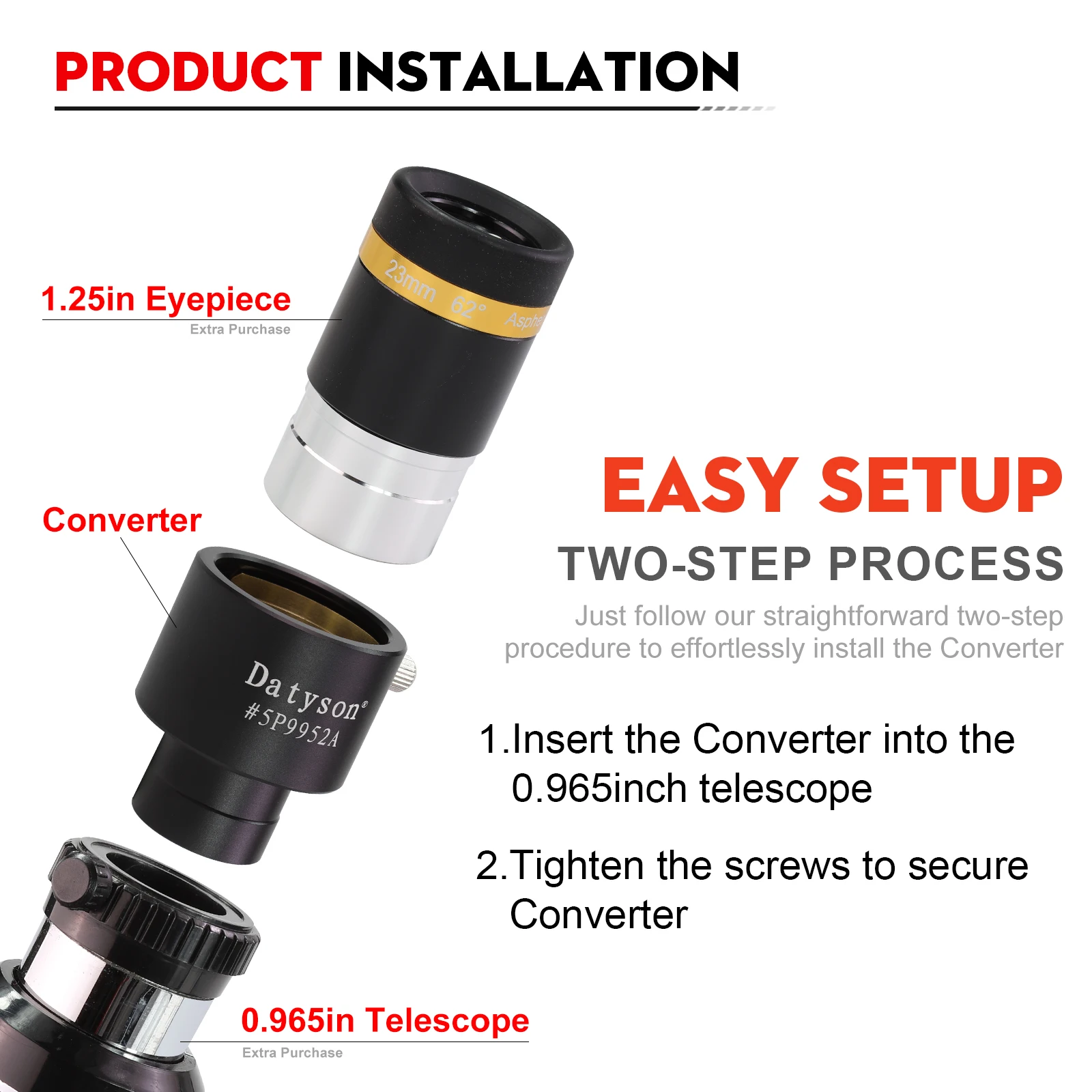 0.965 inch to 1.25 inch Eyepiece Adapter for Telescope Metal-Telescope Accessory with Premium Thumbscrew Scratch-Resistant Brass
